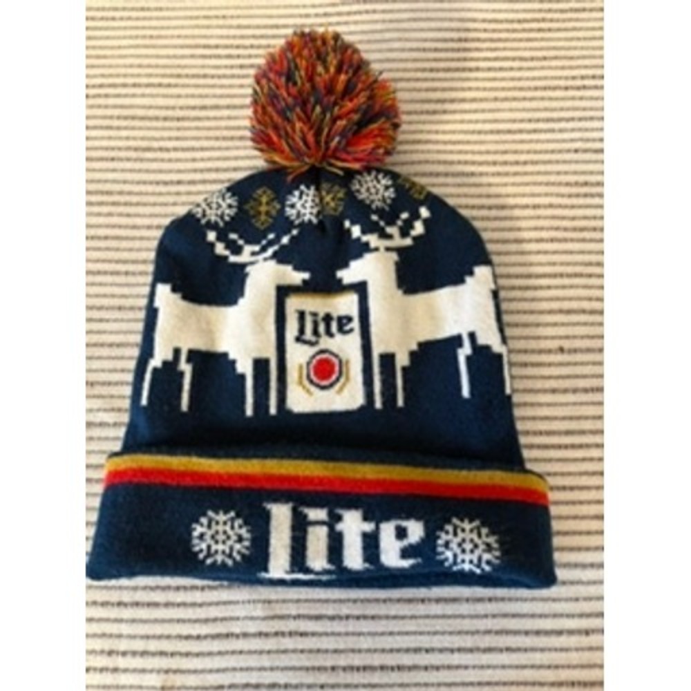 Miller Lite Beer Holiday Reindeer Knit Beanie Hat Navy Blue Pom Pom Ugly Sweater